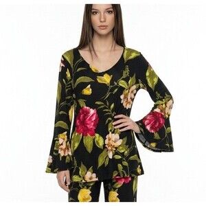 Susan Graver Women’s Floral Blouse Top Size M Ruffle Sleeves Multicolor